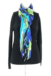 Chico's Scarf Blue, Teal, Green, White and Black Abstract Stripes 100% Viscose - TheRealThreads
